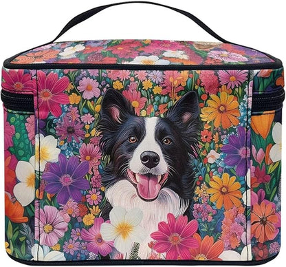 JoyLamoria Collie and Flower Cosmetic Bag Outdoor Travel Makeup Bag Cute Cosmetic Wallet Coin Purse for Teens