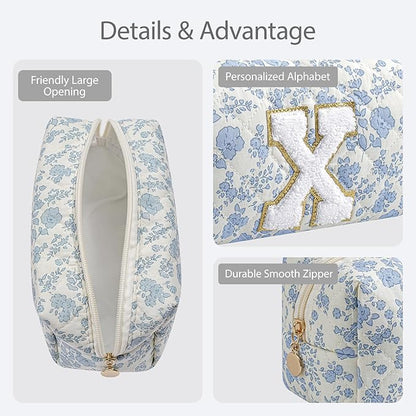 Gleyemor Personalized Initial Makeup Bag for Women, Cute Quilted Blue Floral Cotton Cosmetic Bag, Christmas Gifts for Her Mom Friend Sister Bridesmaid Teacher Women X