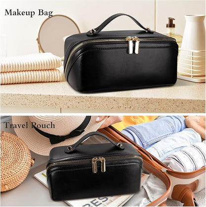 Abiudeng Travel Makeup Bag,Large Capacity Toiletry Bag Cosmetic Bags for Travel Essentials,Waterproof Portable Pouch Open Flat Makeup bag Organizer with Divider and Handle-black