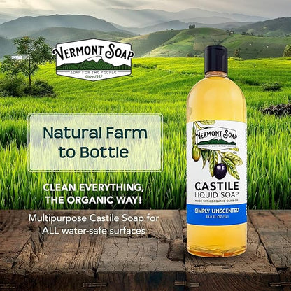 Vermont Castile Unscented Gentle Liquid Soap for Sensitive Skin, Natural Body Wash, Organic Hair Shampoo for Oily Hair, Aloe for Men & Women - 33.8 Oz
