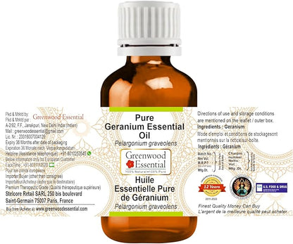 Greenwood Essential Pure Geranium Essential Oil (Pelargonium graveolens Steam Distilled 30ml (1.01 oz)