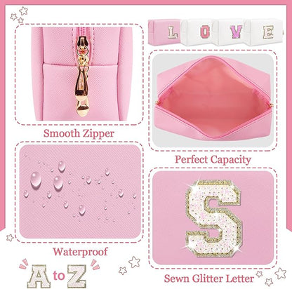 Personalized Initial Letter Makeup Bag, Small Glitter Letter Patch Cosmetic Pouch Zipper, Preppy Makeup Organizer PU Waterproof Travel Toiletry Bag, Monogrammed Birthday Gift for Women Girls
