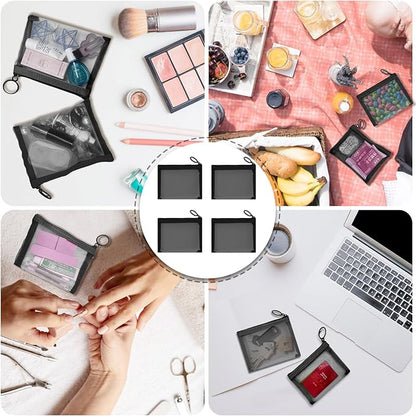 Mini Mesh Pouches (4 Pack), Small Mesh Bags with Zipper Nylon Makeup Pouches Bag Cosmetic Pouch Travel Purse Organizer Insert Diaper Inside Bag Organizers Home Organizing Size See Through Cute Black