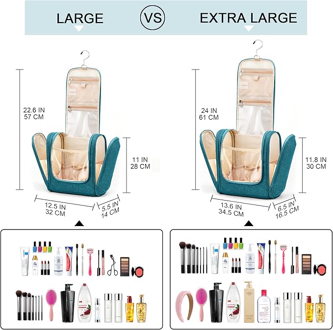 Travel Hanging Toiletry Bag for Women and Men, 6 Organizer Compartments, Holds Full Size Bottles, Extra Large Cosmetic Accessories, Makeup essentials, Bathroom Water-resistant Toiletries Bag, Blue