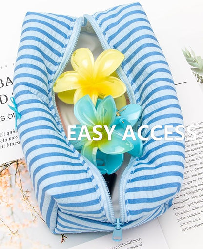 PAZIMIIK 2PCS Cozy Makeup Bag Small Aesthetic Travel Zipper Cosmetic Pouch for Women Make Up Beauty Accessories Brushes, Stripe Lake Blue