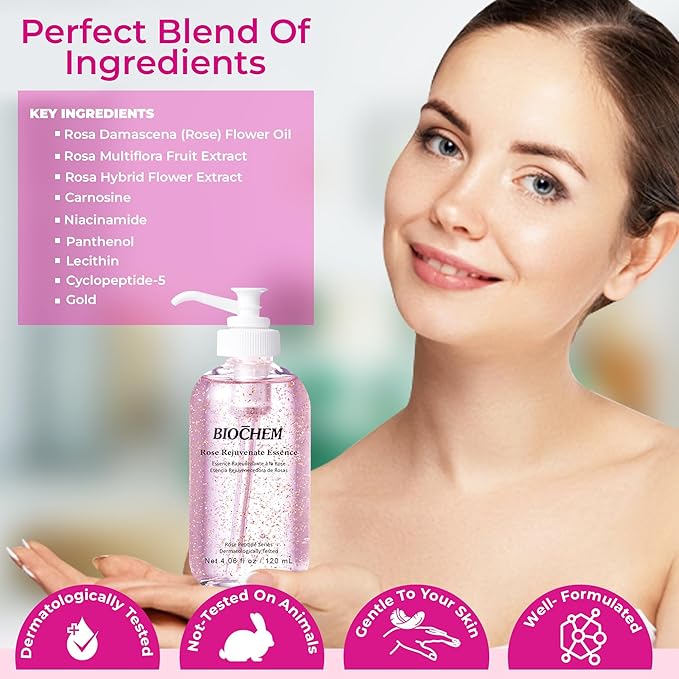BIOCHEM Rose Rejuvenate Essence - 4.06 fl oz / 120 ml, Hydrating & Facial Anti-Aging Essence with Rose Extract for Anti-Wrinkle & Firm Skin Benefits, Serum-Like Anti-Aging Beauty Elixir Booster