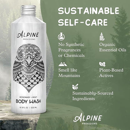 Alpine Provisions Earthy Rosemary + Mint Body Wash – Nutrient-Rich with Chamomile & White Tea Extracts – Vegan, Sulfate-Free, Plastic-Free Packaging – 16.9 fl oz - Natural and Moisturizing Body Wash