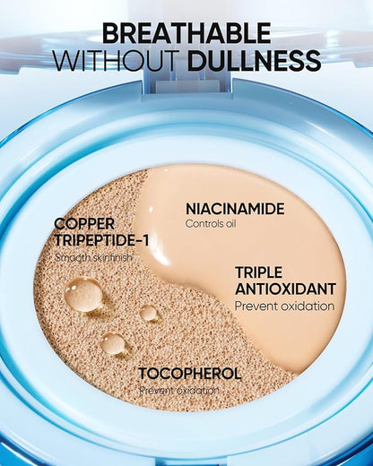 Velvet Matte Cushion Foundation Blue Ultra Cover Powder Foundation, 12h Oil-Control, Lightweight, Long-Lasting, Waterproof Korean Cushion Makeup(#03 Petal)