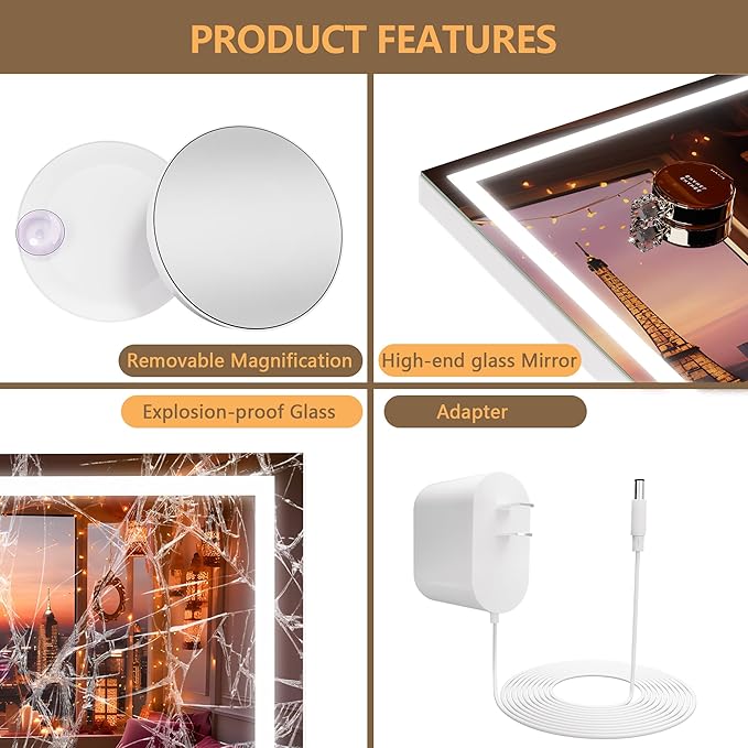 Hasipu Vanity Mirror with Lights, 50" x 34" LED Makeup Mirror, Lighted Makeup Mirror with Dimmable 3 Modes, Touch Screen Control Vanity Mirror Square White