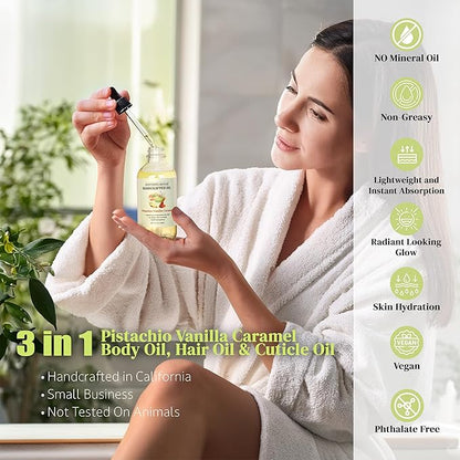 Pistachio Vanilla Caramel Body Oil - Nourishing Body Moisturizer for Soft, Glowing Skin with Jojoba & Almond Oil (4 fl oz)