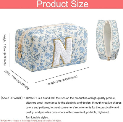 JOVAKIT Alphabet Makeup Bag Cosmetic Bag for Women, Christmas Gifts for Girls Age 6-18, Floral Flowers Coquette Travel Toiletry Zipper Make Up Pouch Organizer Trendy Stuff (Blue Floral N)