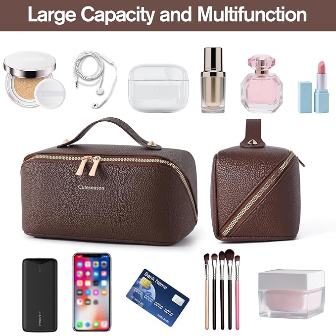 Makeup Bag, Travel Toiletry Bag for Women, Large Capacity Waterproof Rhombus Stitching Pattern PU Leather Cosmetic Bags Make Up Organizer Bags with Headband and Wristband Set (Pink)