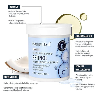 NATURE WELL Clinical Rejuvenate & Tone Retinol Intense Moisture Cream 2.0 for Face, Body, & Hands, Anti-Aging, Targets Discoloration, Wrinkles, Sun Damage, Crepey, & Sagging Skin, 16 Oz