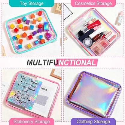 Hoolerry 3 Pcs Clear Hard Zipper Case Plastic Pouch Transparent Hard Case Clear Makeup Bag Portable Travel Organizer Bin for Cosmetics, Building Blocks, Puzzles(Laser,L)
