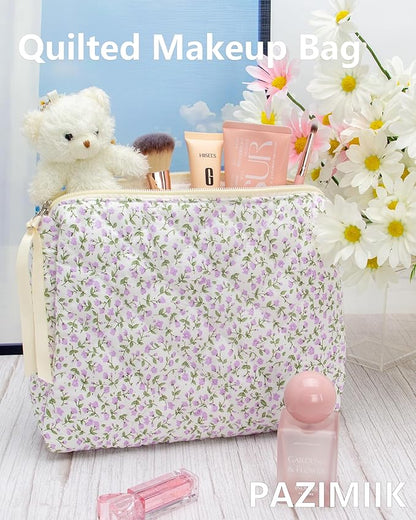 PAZIMIIK Quilted Makeup Bag Large Travel Zipper Soft Cosmetic Pouch for Women Girls Make Up,Floral Purple