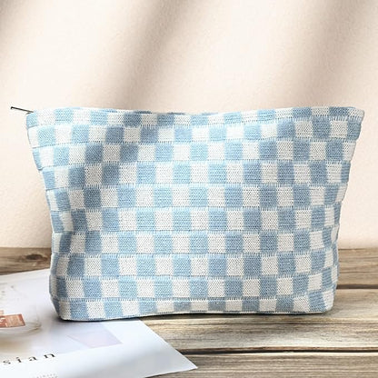 SOIDRAM 2 Pieces Makeup Bag Large Checkered Cosmetic Bag Capacity Canvas Mix Travel Toiletry Bag Organizer Cute Makeup Brushes Aesthetic Accessories Storage Bag for Women, Checkered Mix Blue
