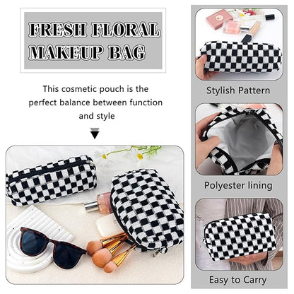 2Pcs Checkered Pencil Case Cute Pencil Pouch for Teens Checkered Makeup Bag Travel Cosmetic Bag Set Cute Makeup Pouch for Purse Portable Zippered Skincare Bags Preppy Toiletry Bags Organizer(Black)