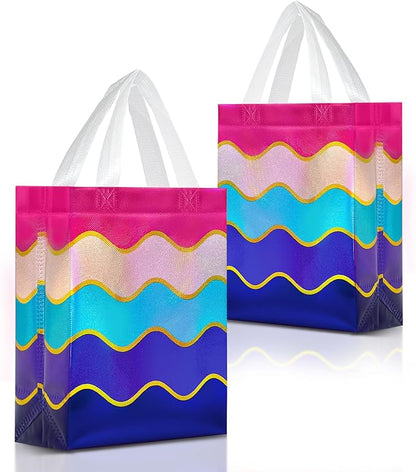 Nush Nush Gradient Gift Bags Medium Size – Set of 12 Reusable Gift Bags With Handles and Shiny Wave Pattern - Perfect As Goodie Bag for Birthday Party Favors, Kids, Holidays, Thanksgiving - 8x4x10
