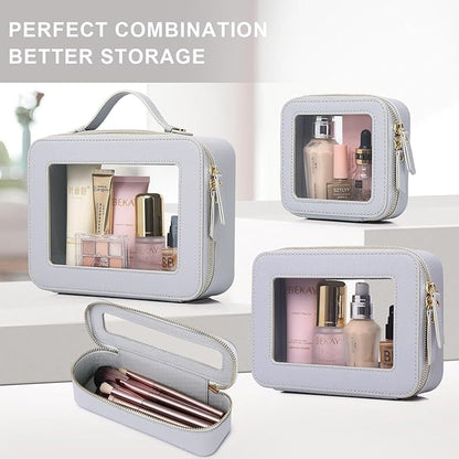 Pinkmik Clear Makeup Bag with Brush Bag 2pcs Waterproof Travel Case for Cosmetics and Toiletries Women's Cosmetic Organizer with Zipper (Gray, L+SLIM)