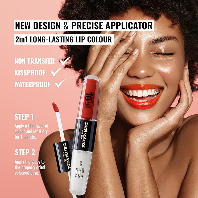 Dermacol NEW 16-Hour Lip Colour, Highly Pigmented Glossy Lip Stain, Two-Phase Lip Plumper Gloss, Kissproof Lip Makeup Products with Matte and Glitter Finish, n. 34