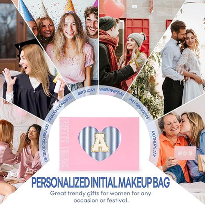 2 PCS Initial Makeup Bags for Women: Cosmetic Bag for Travel Toiletry - Birthday Gifts for 11 12 13 14 15 16 17 18 Years Old Girl Graduation Teacher Gift- Teen Girl Gifts Trendy Stuff - Blue A