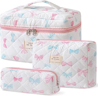 HBselect Quilted Makeup Bag, 3PCS Cotton Large Travel Makeup Bag, Cute Floral Coquette Make up Bag Cosmetic Bag Toiletry Bag for Women Girls