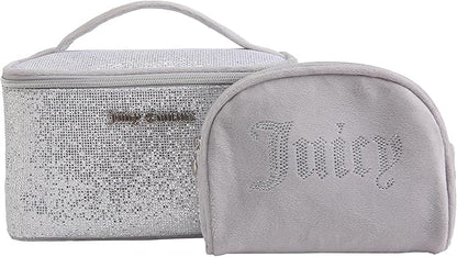 Juicy Couture Silver Makeup Bag Cosmetics Organizer Travel Essentials Train Case Coin Purse Glitter Rhinestone Velour