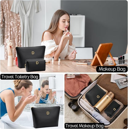 Women Gifts | Initial Makeup Bag Set for Girl Personalized Gifts for Bridesmaid Friend Graduation Teachers PU Leather Cosmetic Travel Toiletry Bag(Black,D)