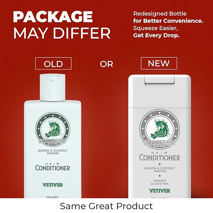 Bossman Hair Shampoo and Conditioner Combo - Hydrating, Strengthening, and Soothing Formula for Men's Hair - Paraben Free & Sulfate Free (Vetiver X) - Packaging May Vary