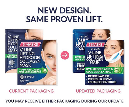 Stylia V Line Lifting Collagen Mask - Lift, Firm & Contour Jawline - Tightening Double Chin Strap with Hyaluronic Acid & Aloe - Neck Lift & Face Tightening Mask - Jawline Shaper Face Lift Tape (5PC)