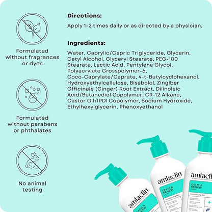 AmLactin Calm & Renew Lotion - Therapeutic Body and Face Moisturizer for Sensitive Skin - No-Scrub Exfoliator and Body Lotion for Dry Skin with Lactic Acid AHA and Soothing Ginger Root, 14.1 oz