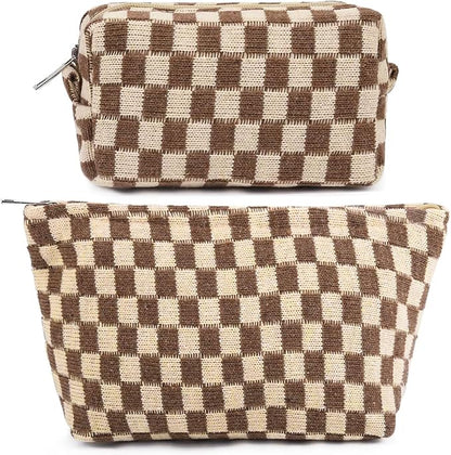 Travel Makeup Bag, Checkered Cosmetic Bag Make Up Organizer Case for Women, Small Toiletry Bag Skincare Pouch for Toiletries Accessories Brushes, 2PCS