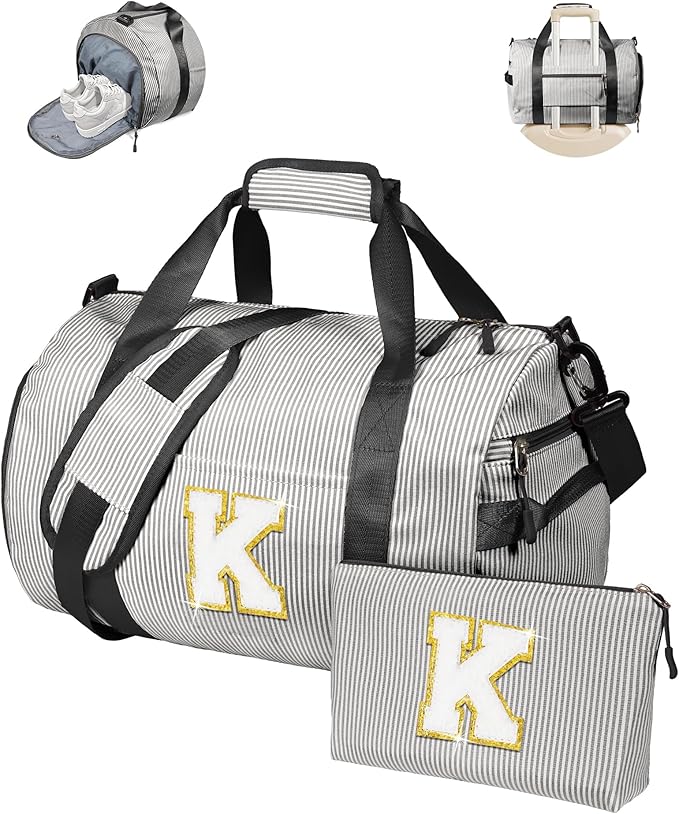 Tween Girl Trendy Stuff, Girls Travel Duffle Bag, Kids Initial Overnight Bags with Shoe Compartment, Monogram Weekender Bag with Makeup Pouch, Birthday Gift for Daughter (Letter K)