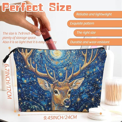 Cosmetic Bags Travel Makeup Toilet Case Waterproof Pouch for Women Girls 6.7X9.45inches - Deer With Large Antlers in A Starry - Floral Scene