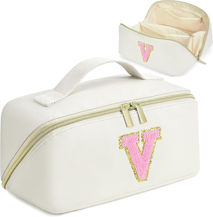for Christmas Day Gifts, Makeup Bag for Women, PU Leather Travel Toiletry Bags, Initial Make Up Cosmetic Pouch for Teen Girls, Wide Open Portable Skincare Bag, Personalized Birthday Gifts, White V