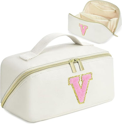 for Christmas Day Gifts, Makeup Bag for Women, PU Leather Travel Toiletry Bags, Initial Make Up Cosmetic Pouch for Teen Girls, Wide Open Portable Skincare Bag, Personalized Birthday Gifts, White V