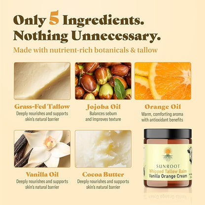 Whipped Tallow Balm, Vanilla Orange Cream Moisturizer, Natural Ingredients, Glass Jar, 2.85 oz, Face and Body Care