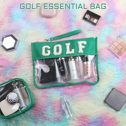 2 Pcs Golf Gifts Cosmetic Makeup Bag with Chenille Letter Patch, Clear Pouch PVC Organizer Purse, Waterproof Travel Bag, Portable Toiletry Storage Bag for Her Girls Friends Women