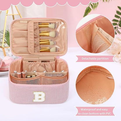 OCHEAL Makeup Bag for Women, Monogram Cosmetic Bag with Brush Holder, Pink Travel Makeup Case Beauty Toiletry Bag Organizer Personalized Gifts for Girls Bridesmaid, Sister, Wife, Friends Initial B