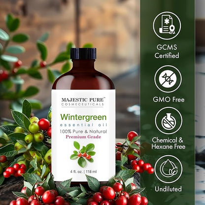 Majestic Pure Wintergreen Essential Oil with Glass Dropper - 4 Fl Oz - 100% Pure and Natural Wintergreen Oil - Premium Grade Essential Oils for Diffuser, Aromatherapy, Soap and Candle Making