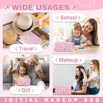Small Personalized Initial A-Z Patch Makeup Bag,Pink Cute PU Leather Glitter Letter Cosmetic Bag for Teen Girls,Travel Toiletry Bag with Zipper,Preppy Monogrammed Birthday Gift for Daughter Niece R
