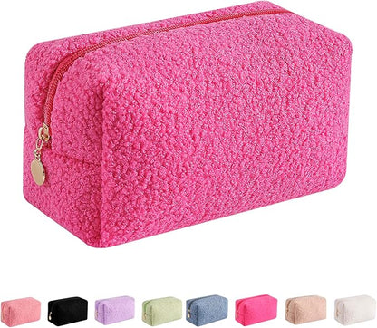 JOVAKIT Travel Makeup Bag Cosmetic Bag for Women, Fashion Christmas Gifts, Plush Zipper Make Up Pouch, Large Capacity Toiletry Organizer Makeup, Portable Storage Bag Trendy Stuff (Rose Red)