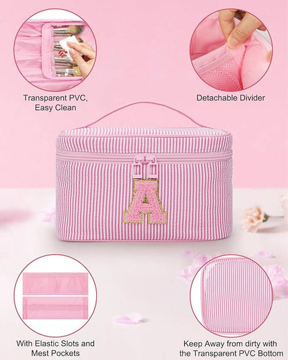 MONSTINA Initial Makeup Bag with Brush Holder and Divider,Birthday Gifts for 4 5 6 7 8 9 10 11 12 Year Old Girls, Personalized Preppy Cosmetic Bag |Cute Toiletry Bag,2PCS,Pink J