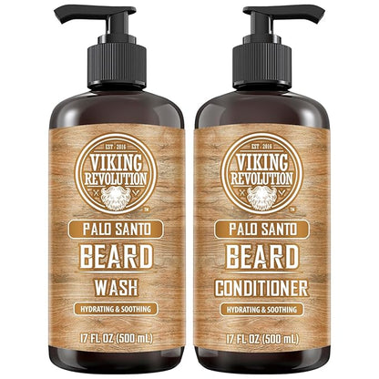 Viking Revolution Palo Santo Beard Wash and Beard Conditioner Set with Argan and Jojoba Oils - Softens and Strengthens - Natural Palo Santo Scent - Beard Shampoo with Ginseng Root Extract (17 oz)