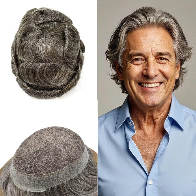 FACE MIRACLE Toupee for Men French Lace Hairpiece Human Hair Replacement System Skin PU Mens Toupee Hair Wigs for Man V-Looped Front Hair Prosthesis 8"X10" #450 4# MEDIUM BROWN WITH 50% SYNTHETIC GREY