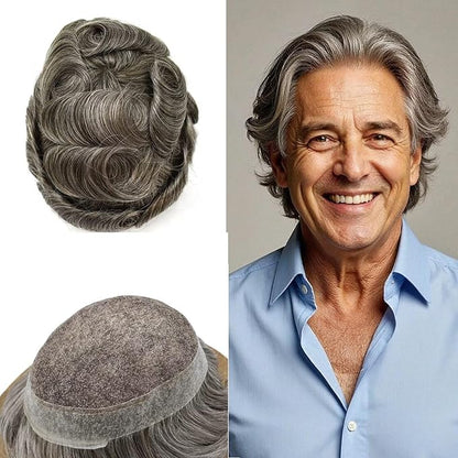 FACE MIRACLE Toupee for Men French Lace Hairpiece Human Hair Replacement System Skin PU Mens Toupee Hair Wigs for Man V-Looped Front Hair Prosthesis 8"X10" #440 4# MEDIUM BROWN WITH 40% SYNTHETIC GREY