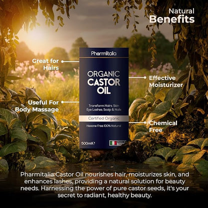 Caster Oil Organic Cold Pressed Unrefined Glass Bottle - Organic Golden Castor Oil for Face, Scalp, Eyelashes, Skin Care and Nails - Aceite De Castor Organico Puro - 500ml