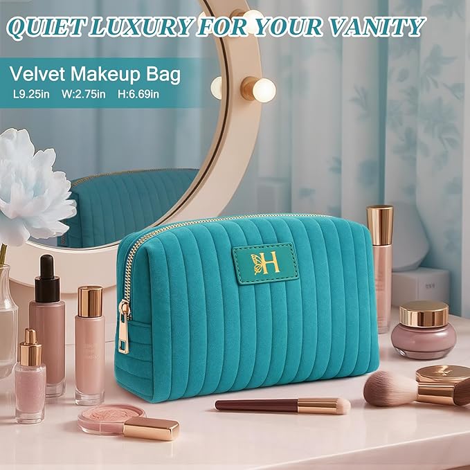 Monogrammed Make Up Bags for Women,Personalized Cosmetic Bags Women,Small Quilted Makeup Pouch,Cute Makeup Bag Travel,Birthday Gifts for Teen Girl (Blue H)