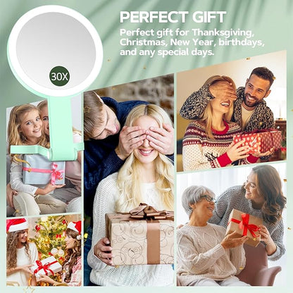 Lighted Makeup Mirror, 30X Magnifying Mirror with Light, Hanging and Handheld Mirror with Handle, Green