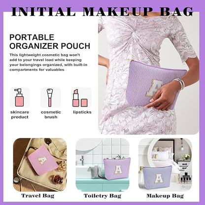 Travel Makeup Bag Set - Travel Essentials, Initial Make up Cosmetic Bag Makeup Pouch Travel Toiletry Bag | Cute Purple Stuff Birthday Gifts for Women Mom Daughter, Purple Letter A